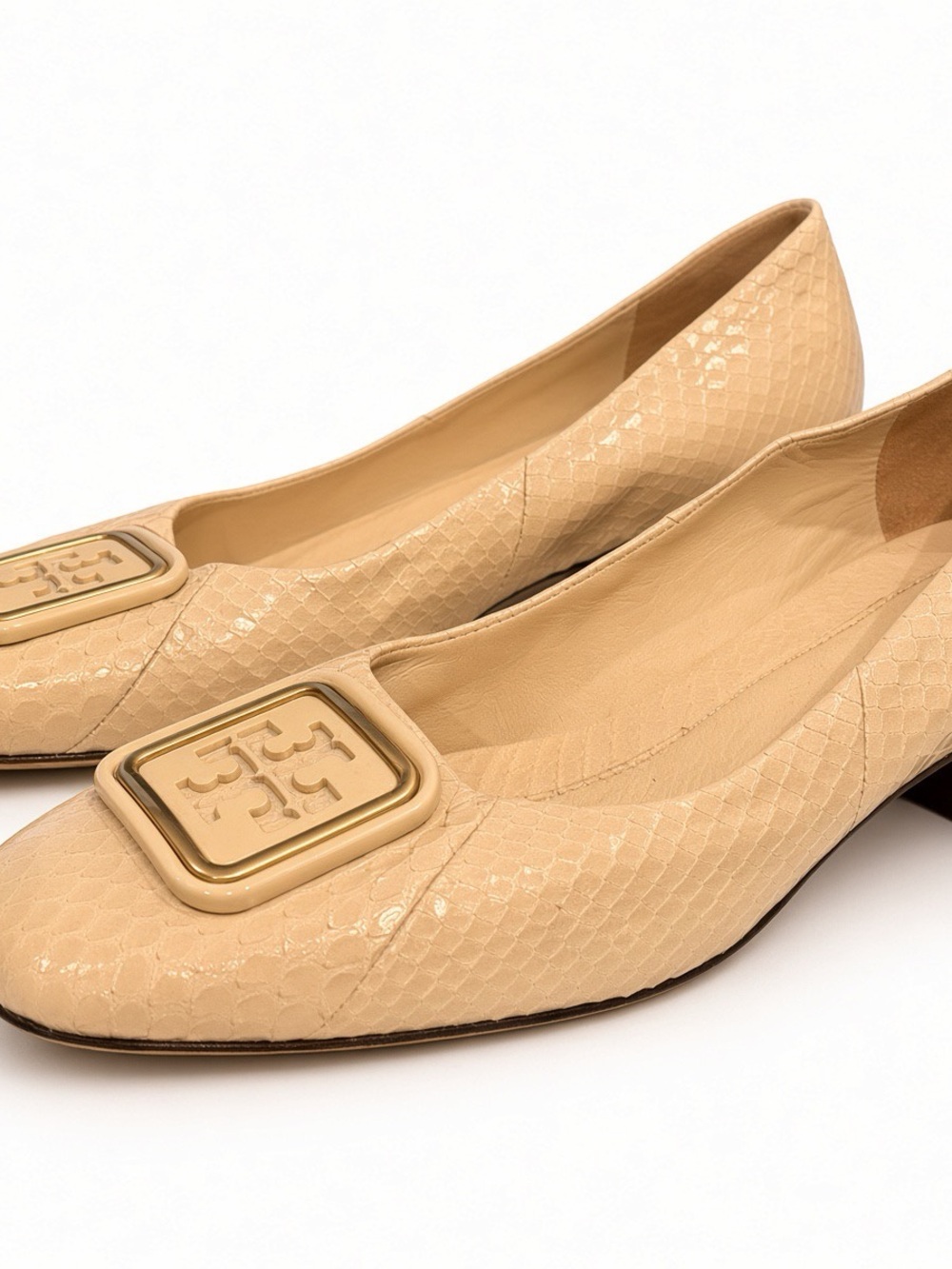 Tory Burch Georgia Pump with Double T Emblem/Block Heel and Snakeskin Detail